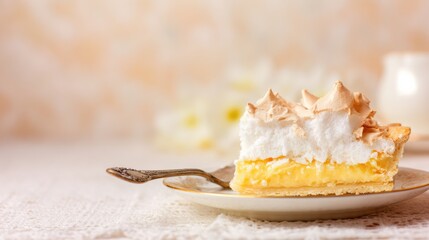 Delicious Lemon Meringue Pie on a Plate with Fork in Soft Natural Lighting and Beautiful Background