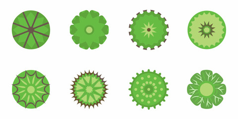 Collection of eight stylized green plant and tree top view icons with geometric patterns