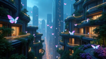 Futuristic city garden sprawling across skyscraper rooftops with lush green vegetation and vibrant urban forests