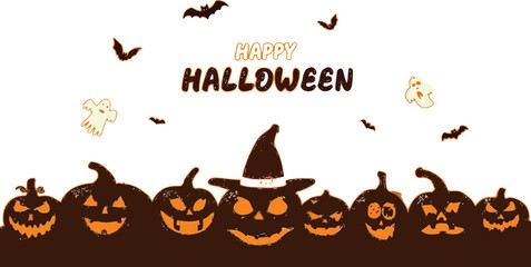 Spooky Halloween pumpkins, bats, ghosts, and spiders create a fun, festive holiday scene