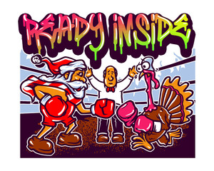 Santa Claus and Turkey Boxing Match Funny Christmas Illustration.