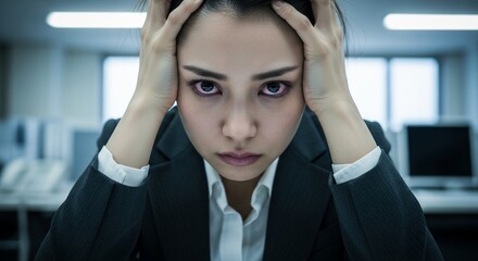 ストレスとプレッシャーで精神的に追い込まれ頭を抱え泣く日本人女性社員
