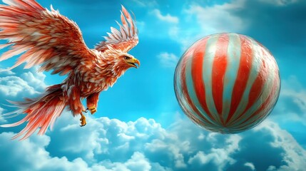 Vibrant Phoenix Soars Through Sky with Colorful Balloon in Background