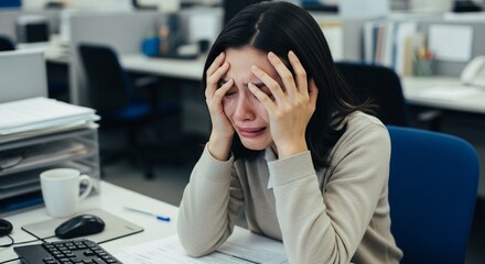 ストレスとプレッシャーで精神的に追い込まれ頭を抱え泣く日本人女性社員
