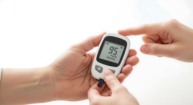 Close-up of a person's hands holding a glucose meter displaying a blood sugar reading of 95 mg/dL.