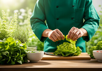 A chef in a green jacket prepares a fresh salad, tearing lettuce leaves on a wooden board in a sunlit garden setting.
