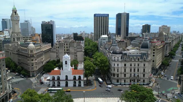 Aerial View of Plaza de Mayo with Cabildo Cathedral and Historic Buildings in Buenos Aires