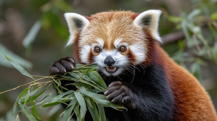 Obraz premium Playful Red Panda Chewing Bamboo in Natural Habitat of Forest