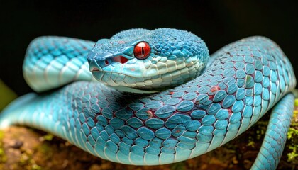 Fototapeta premium Vibrant turquoise snake with striking red eyes coiled on mossy branch against dark background. Intricate scale details are beautifully captured