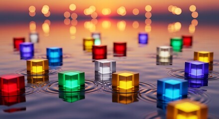 Multicolored translucent cubes float on rippled water, a serene and vibrant scene at sunset.