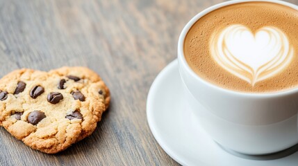 Heart-Shaped Cookie and Coffee with Latte Art on Wooden Table