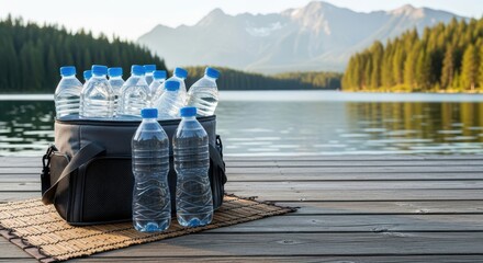 Obraz premium Cooler bag filled with bottled water sitting on a wooden deck by a serene mountain lake