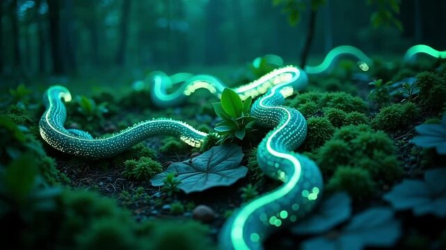 Mysterious glowing serpentine creatures slither through a dark, enchanted forest floor.