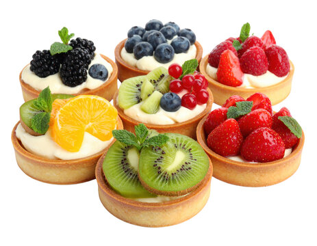 Collection of mini fruit tarts with cream filling on white
