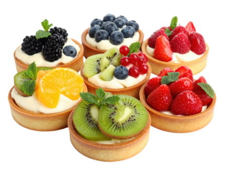Collection of mini fruit tarts with cream filling on white