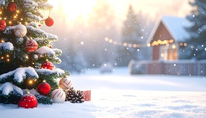 A snow-covered scene shows a decorated Christmas tree, lit house, and gently falling snow, evoking warmth & the holiday season