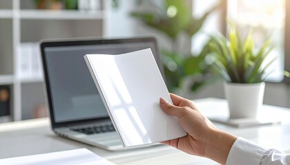 Professional displays sleek brochure mockup at modern office desk for marketing presentations and design showcase