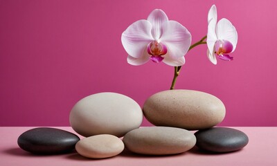 Serene spa arrangement with delicate orchid and smooth balancing stones for ultimate relaxation and wellness