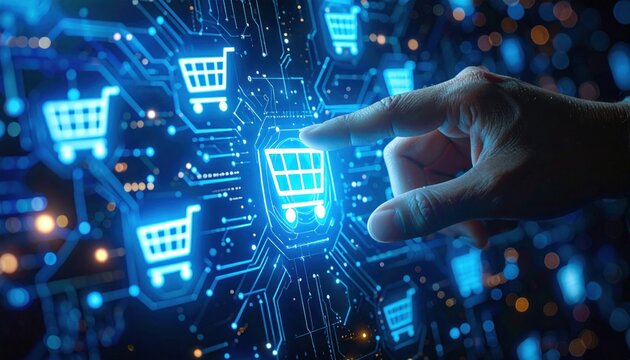 Illuminated shopping cart icons connect via circuit board as a hand hovers, symbolizing online retail and technology integration