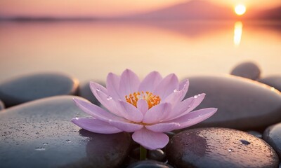 Serene pink lotus flower with dew drops rests on smooth wet stones at tranquil sunrise lakeside