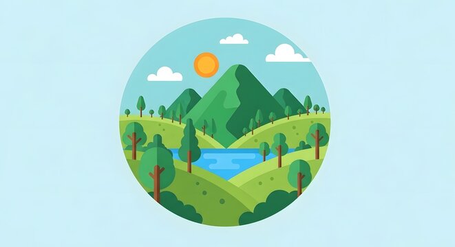 World Wetlands Day Peaceful summer scenery featuring rolling green hills, a serene lake, and lush forests under a sunny sky in a circular frame