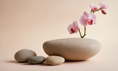 Serene spa display with delicate pink orchids and smooth river stones, promoting tranquility and wellness