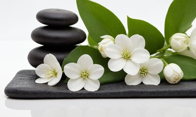 Fototapeta premium Serene spa arrangement with white jasmine flowers and smooth black stones evokes calm and relaxation
