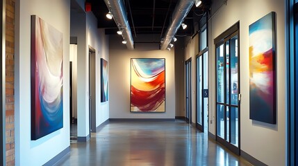 A modern office hallway with abstract art and glass doors showing a bright and clean aesthetic design