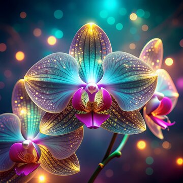 Illuminated orchid blossoms radiate vibrant colors against a bokeh-filled background, showcasing intricate details.
