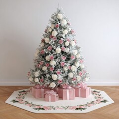 Elegant Christmas Tree Decorated with Pink Flowers Snow and Gifts.