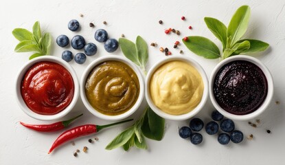 Assortment of colorful sauces and fresh ingredients including berries and chili peppers.