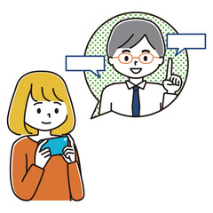 スマホで解説動画を見る女性のイラスト