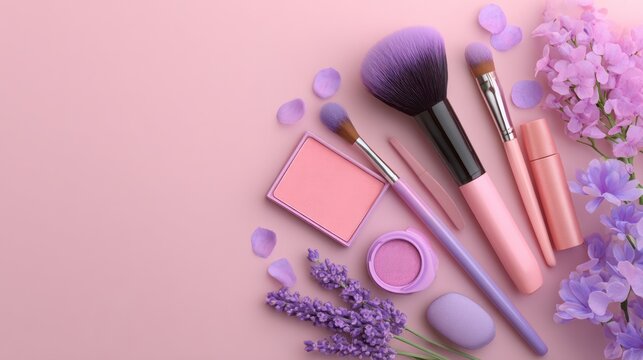 Overhead shot of makeup brushes, eyeshadow, and lavender flowers on a pink background