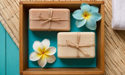 Fototapeta premium Natural soaps with tropical flowers in a spa setting offer a moment of blissful self care and relaxation