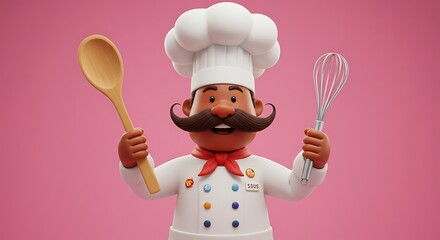 Cheerful cartoon chef waving wooden spoon and whisk