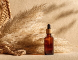 Amber Glass Bottle with Dropper and Pampas Grass Aesthetic.