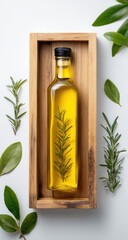 Olive oil bottle with rosemary and wooden tray on white background.
