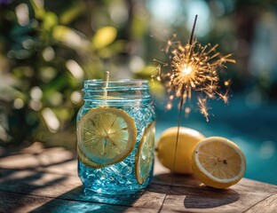 Refreshing Lemonade with Sparkler and Lemons on Wooden Table.