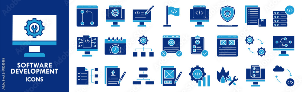 Poster software development icon collection set. containing design software, technology, digital, data, bus