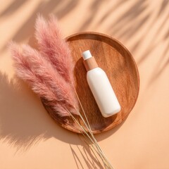 Minimalist cosmetic bottle with pampas grass and palm leaf shadows.