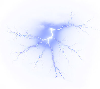 Electric Blue Lightning Bolt with Branching Tendrils Against a White Background.