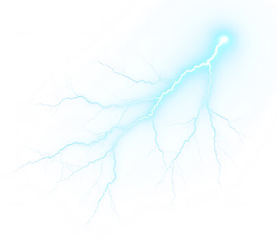 Electric Blue Lightning Bolt with Branching Tendrils and Glowing Aura. Transparent Background