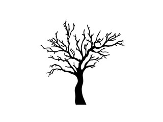 Silhouette of a leafless tree with stark dark branches creating high contrast against a white background for seasonal, abstract, or nature-themed vector artwork or designs