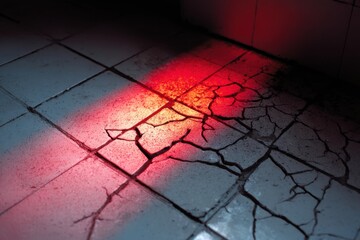 Cracked Floor Tiles with Dramatic Lighting Creating an Abstract Urban Texture in an Indoor Space