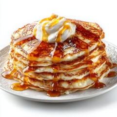 Stack of fluffy pancakes with syrup and whipped cream on plate