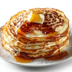 Stack of Golden Pancakes with Butter and Drizzled Maple Syrup