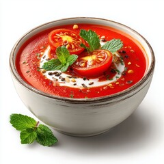 Fresh Tomato Soup with Mint and Cherry Tomatoes in Bowl