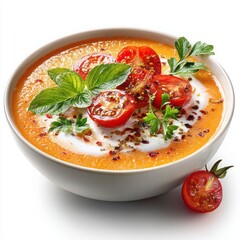Fresh Tomato Soup with Garnish of Herbs and Sliced Cherry Tomatoes