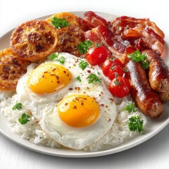 Delicious Breakfast Plate with Eggs, Bacon, Sausages, and Potatoes