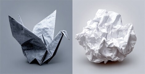 Contrasting origami crane and crumpled paper